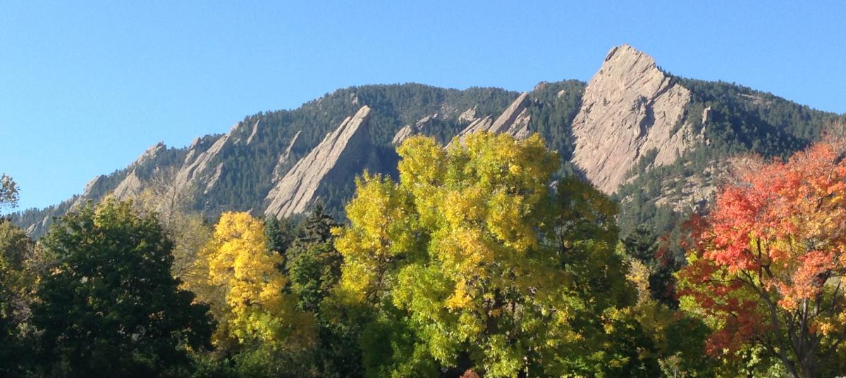 Trees turning yellow, red and orange with the Flatirons in the background