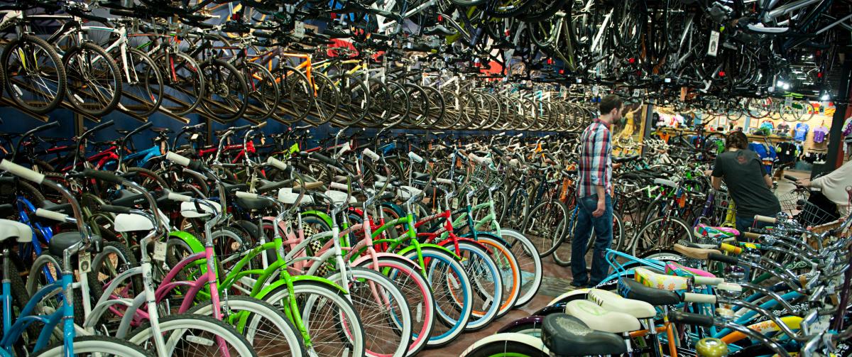 Racks and rows of bikes at University Bicycles Boulder