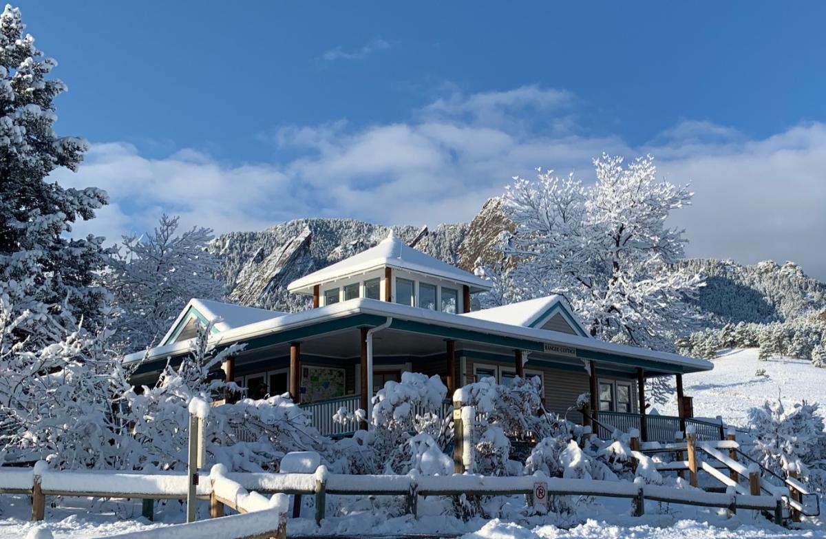 Chautauqua Ranger Cottage covered in snow
